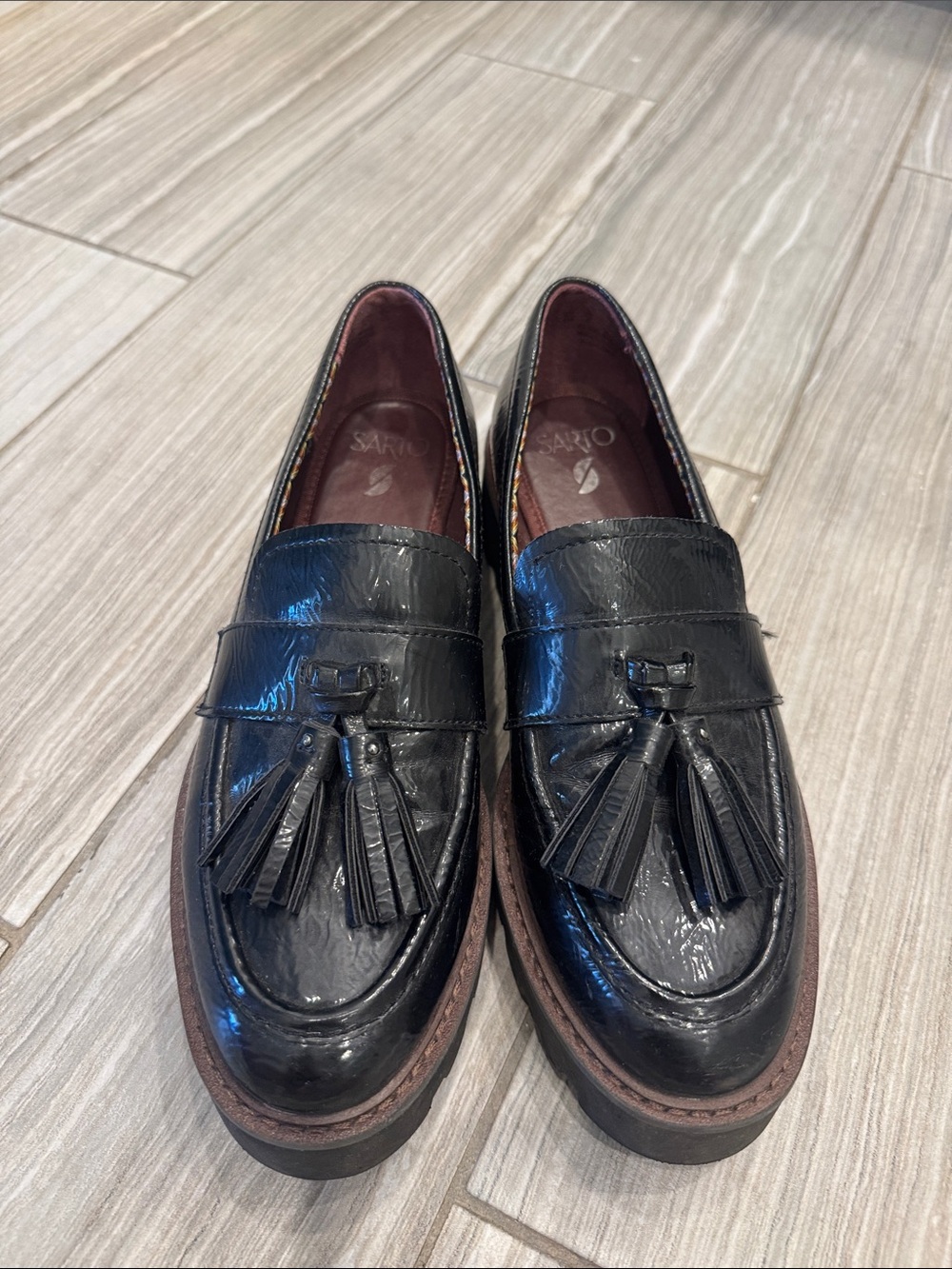 Franco Sarto Black Patent Leather Tassel Loafers